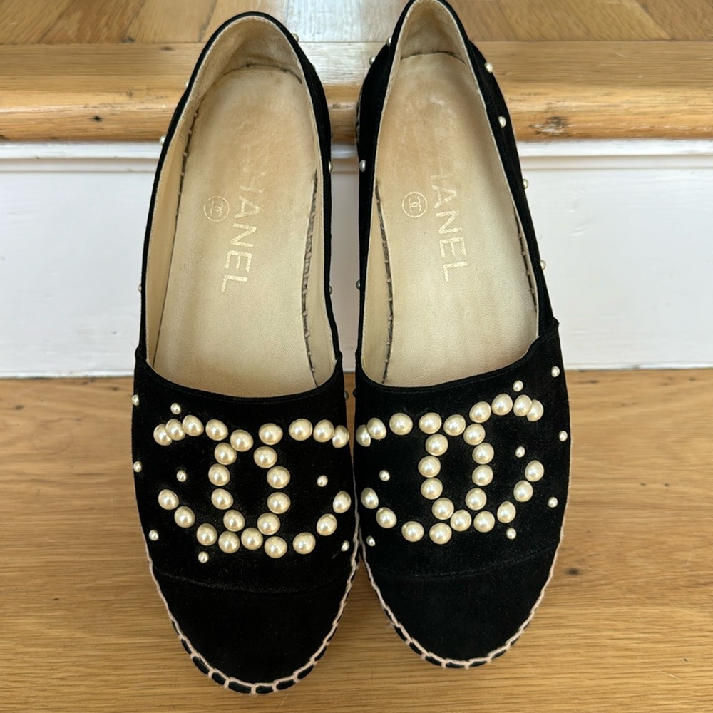 Chanel Suede slip ons with pearl detail 35